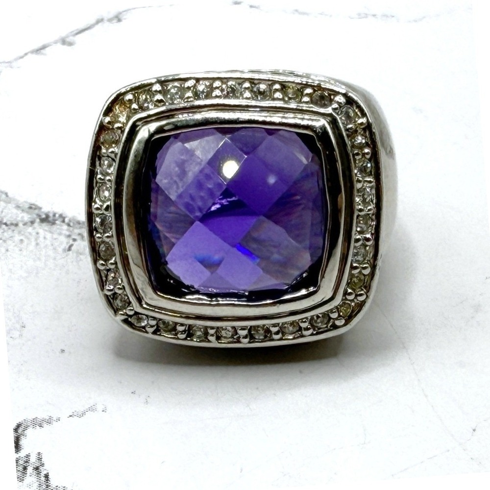 Silver Tone Purple Glass Stone Statement Ring Size 6 Wide Band Boho Goth